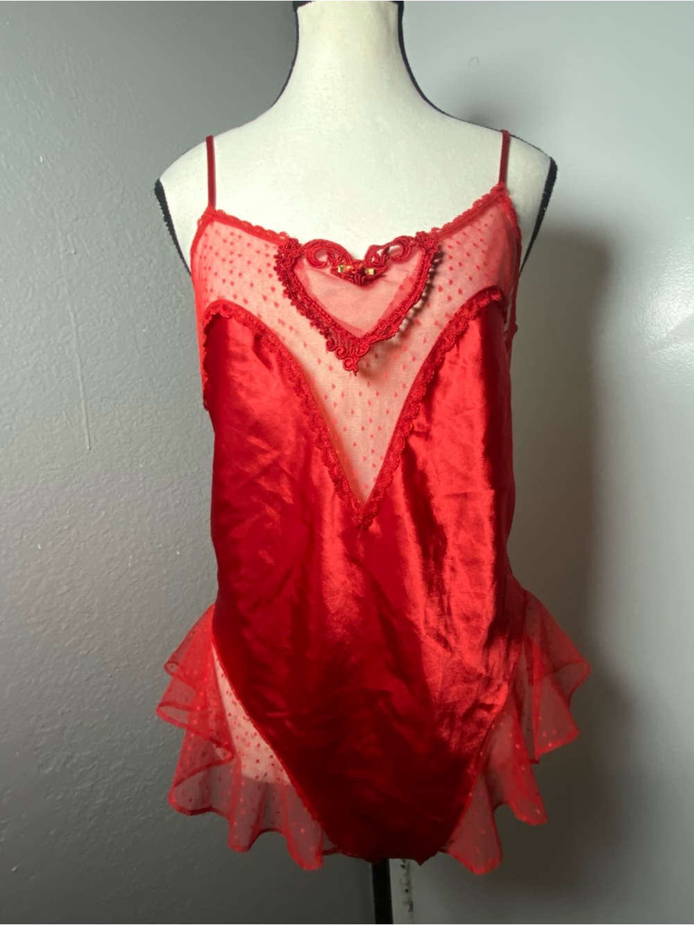 Retro Red Satin & Swiss Dot Lace Embroidered Heart Ruffle Teddy Bodysuit Small